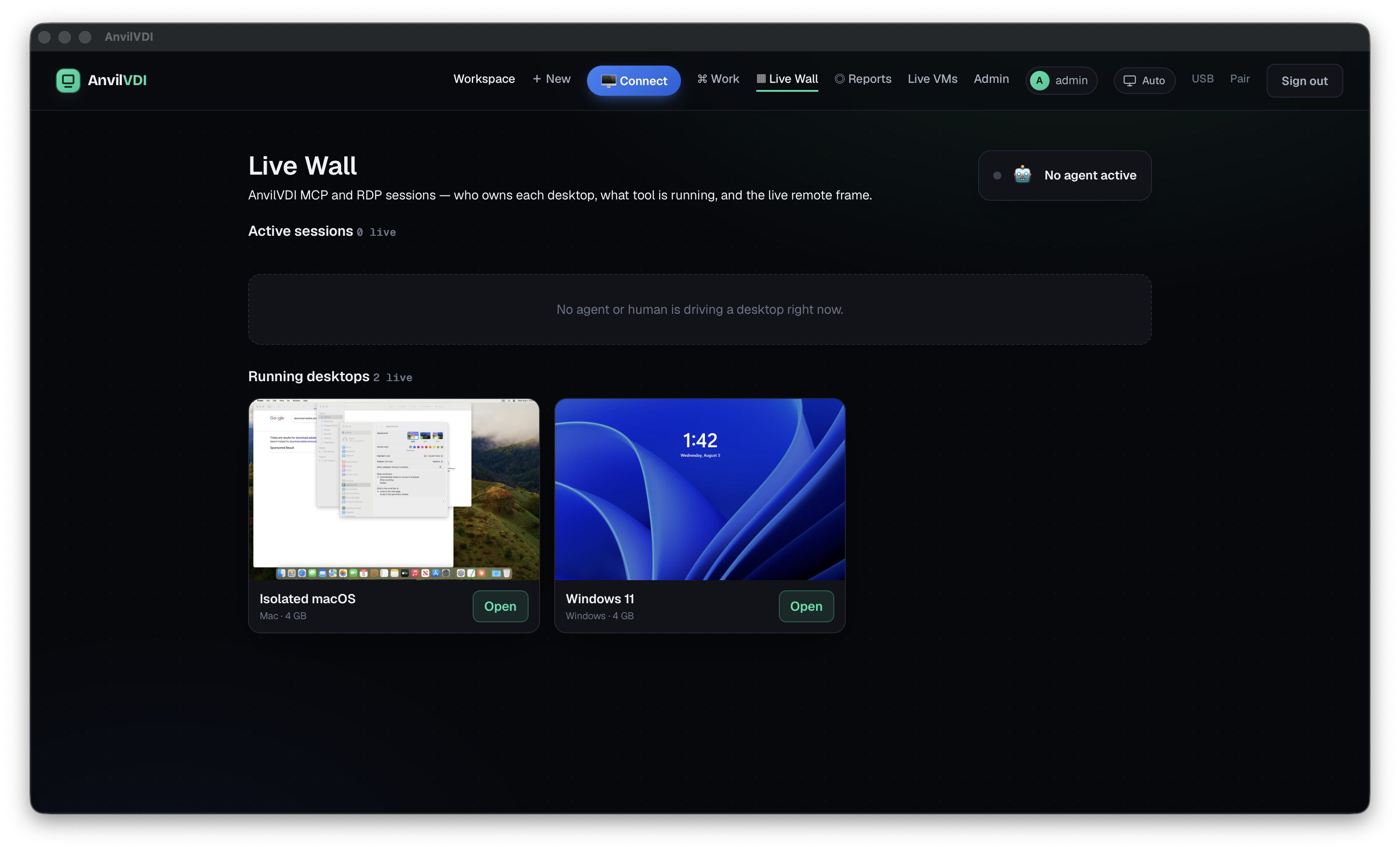 AnvilWork Live Wall showing isolated macOS and Windows desktops