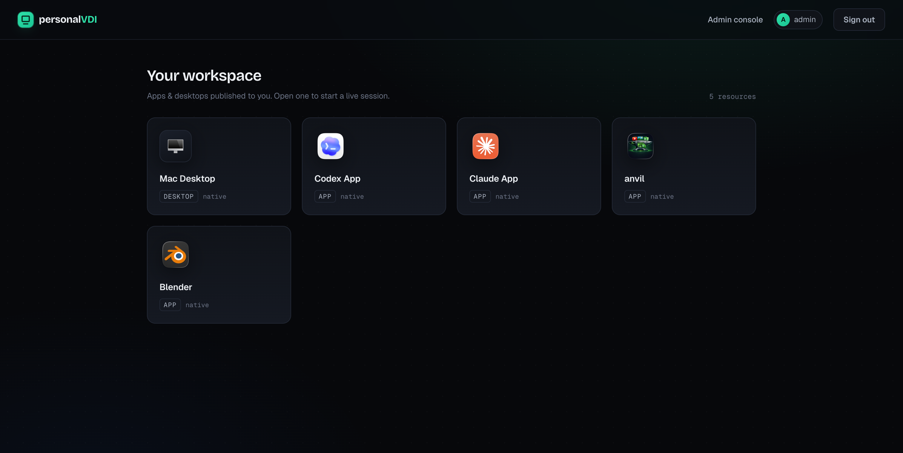 AnvilVDI workspace — published apps with real macOS icons